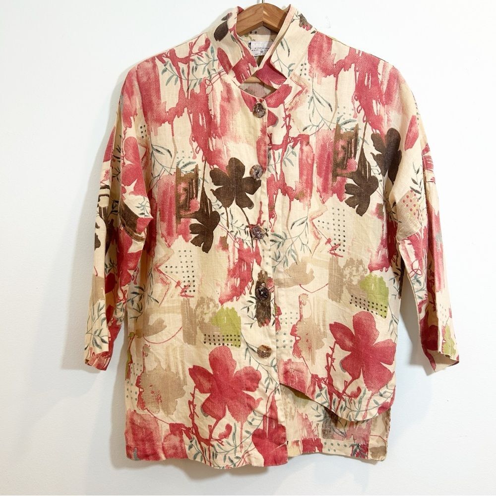 Click 100% Linen Floral Medium 3/4 Sleeve Boxy Asymmetrical Artsy Shirt